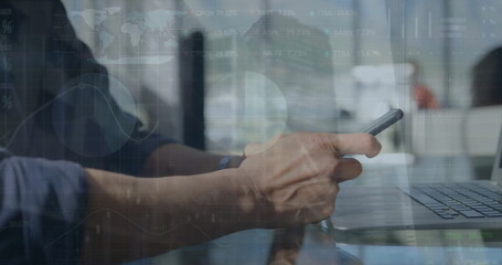 Image of financial data processing over caucasian businessman using smartphone