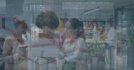 Obraz premium Image of financial data processing over diverse business people in office