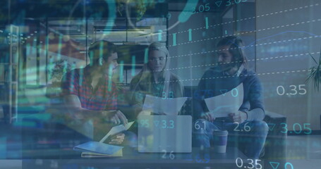 Image of financial data processing over diverse business people in office