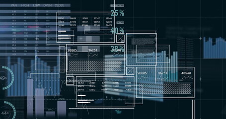 Image of interface screens, charts and data processing on black background
