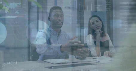 Image of financial data processing over diverse business people in office