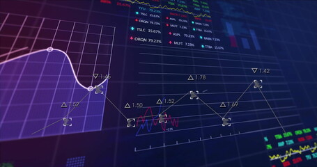 Image of graphs, charts and financial data processing on black background