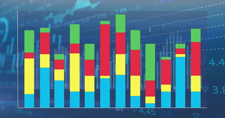 Obraz premium Image of colourful graph over charts and data processing on blue background