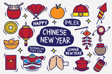 set of chinese new year doodles color good for background, wallpaper, element design, icon, etc
