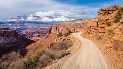 Fototapeta premium Scenic Desert Road with Majestic Mountain View Under Blue Sky