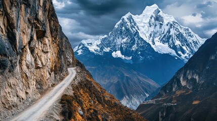 Majestic Snow-Capped Mountain Overlooking Serene Dirt Road