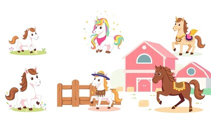 Naklejka premium set of funny cartoon ponies. delightful collection features a range of cute illustrated ponies, perfect for children's content, educational materials, and whimsical designs.