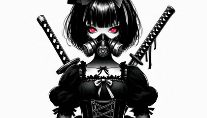 Fototapeta premium a woman in a black dress with glowing red eyes wearing a respirator mask with two katana behind her back