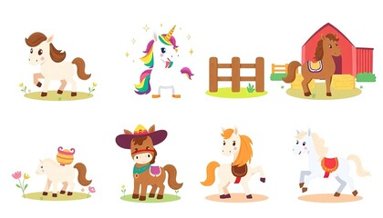 Naklejka premium set of funny cartoon ponies. delightful collection features a range of cute illustrated ponies, perfect for children's content, educational materials, and whimsical designs.