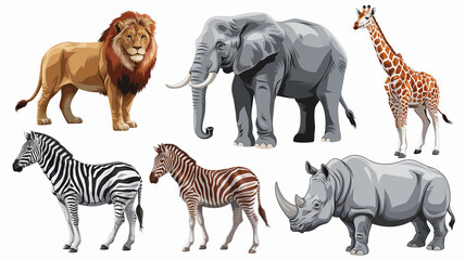 Obraz premium African Wildlife Collection Lion, Elephant, Giraffe, Zebras, Rhino