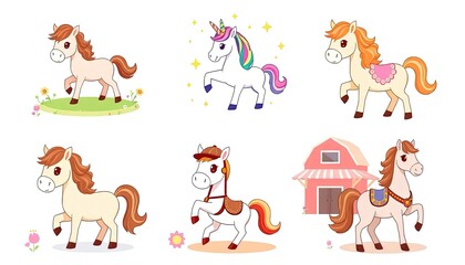 Obraz premium set of funny cartoon ponies. delightful collection features a range of cute illustrated ponies, perfect for children's content, educational materials, and whimsical designs.