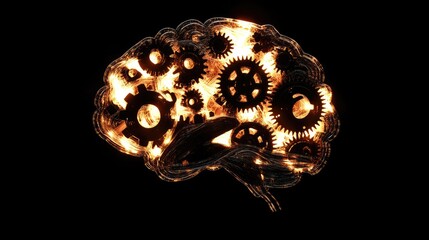Illuminated Brain with Gears Representing Creativity and Innovation