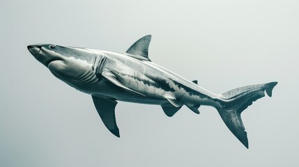 Obraz premium The image shows a great white shark swimming underwater. It captures the powerful presence of this marine predator in its natural habitat.