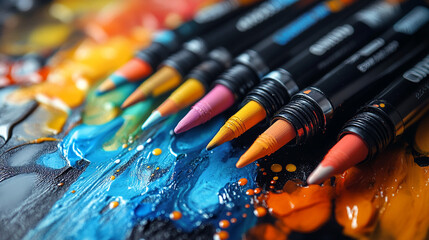 Obraz premium Close-Up of Colored Pencils on blue background symbolizing creativity and drawing in an art class or school setting