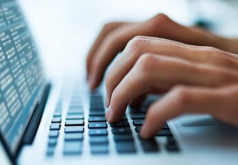 Obraz premium Close-Up of Hands Typing on a Laptop Keyboard with Blurred Background, Ideal for Technology and Work-Related Concepts, Shows Digital Communication and Productivity