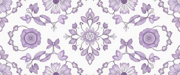 A purple floral patterned wallpaper with a white background. The flowers are arranged in a way that creates a sense of movement and flow. Scene is one of elegance and sophistication