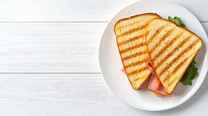 Grilled ham and cheese sandwich on white plate kitchen setting food photography minimalist view culinary delight