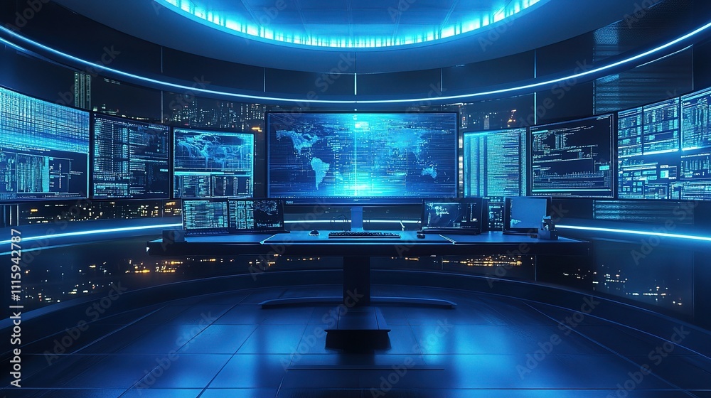 Poster high-tech gaming setup with multiple monitors in modern environment