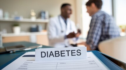 A doctor discusses diabetes with a patient in a medical setting.