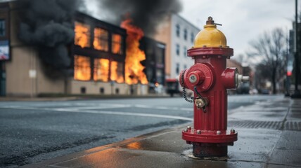 Fototapeta premium A red fire hydrant in front of a burning building, with smoke billowing into the sky.