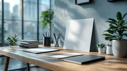Fototapeta premium Modern workspace with blank canvas, stationery, and plants.