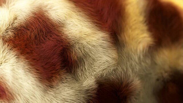 Red and white fur with long hairs moves gently, creating a soft and luxurious texture. Ideal for projects related to animals, fashion, or high-end design