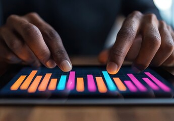Fototapeta premium Hands Interacting with Colorful Data Visualization on a Tablet Screen