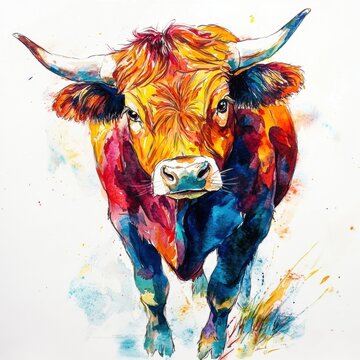 Colorful watercolor illustration of a cow with vibrant hues.