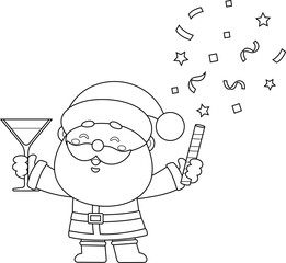 Outlined Cute Santa Claus Cartoon Character Holding A Champagne Glass And A Party Popper
