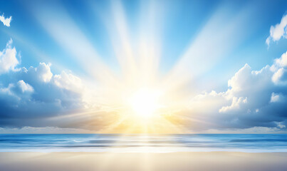 Obraz premium Serene sunrise over tranquil ocean waves, radiant sunbeams pierce through fluffy clouds, creating a breathtaking coastal panorama. Ideal for travel, vacation, or relaxation themes.