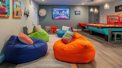 Colorful playroom with beanbag chairs, pool table, and wall art.