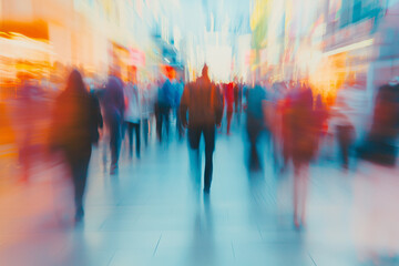 A blurred view of a busy trade show event with people walking past company stands, creating a dynamic business atmosphere.