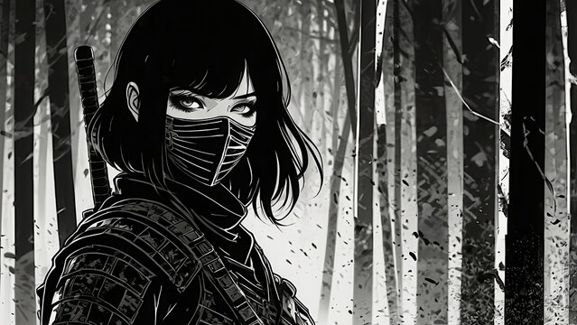 female ninja in a mask with a katana behind her back