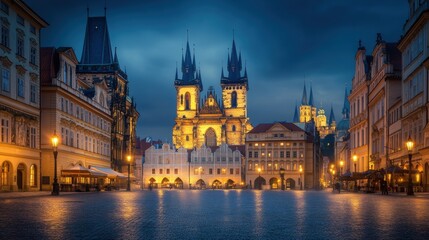 Fototapeta premium A twilight view of a historic square featuring illuminated Gothic architecture.
