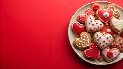 homemade cookies in the shape of  hearts  on the plate and red  background for valentine