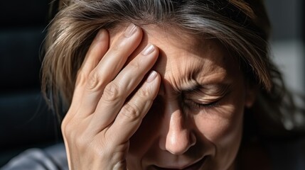Elderly woman struggles with blurry vision and dizziness due to headaches from high blood pressure