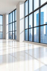 Fototapeta premium Modern empty office space with large windows overlooking city skyline