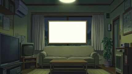 Anime Style Living Room Night Scene With Blank Canvas
