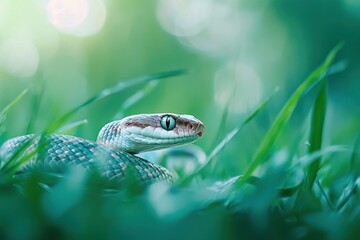 Obraz premium Close-up of a green snake resting in lush grass with blurred bokeh background