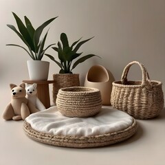 Fototapeta premium A cozy yet minimalistic pet-care setup, featuring handmade toys, eco-friendly pet bowls, and a soft neutral color palette, designed for a growing eco-conscious audience, Generative Ai 