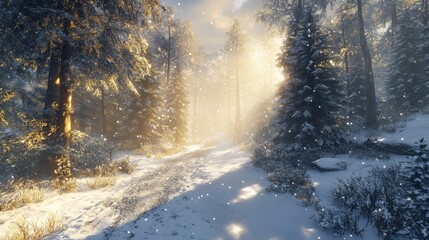 Snowy path winds through a sunlit winter forest. Ideal for winter wonderland, holiday, or nature themes.
