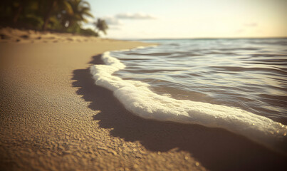 Serene coastal scene at sunset, gentle waves lapping sandy shore. Perfect for travel, vacation, or relaxation themes.