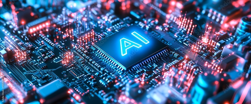 Poster Close-up image of an AI chip on a circuit board, showcasing intricate details and technology.