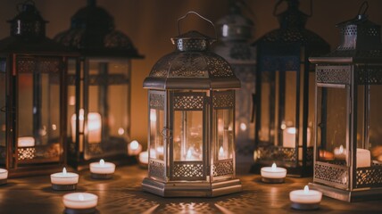 A serene arrangement of lanterns and candles creating a warm, inviting atmosphere.