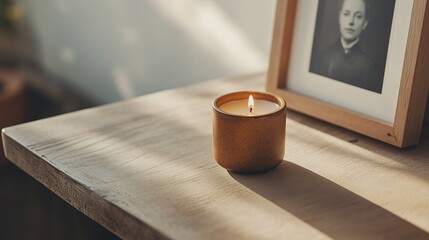 Minimalist Candle on Wooden Table with Framed Photo