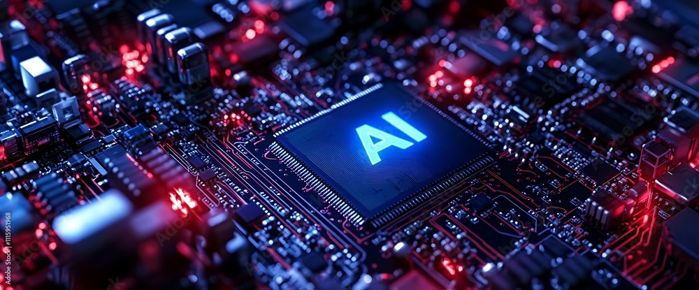 Poster Close-up image of an AI chip on a circuit board, showcasing intricate technology and design.