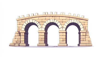 Obraz premium a 2D cartoon illustration of a Roman aqueduct with arches, ancient and grand, white background--ar 16:9
