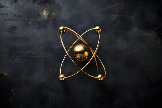 Golden atom model isolated on dark background, futuristic science concept, nuclear physics, atomic structure, quantum mechanics, molecule, energy symbol, 3D metallic 


