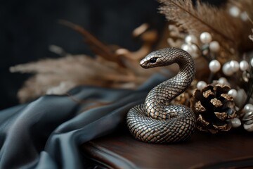 Obraz premium feng shui decor, a lovely earth snake figurine displayed on a stylish wooden table with silk drapes, amidst festive new year decorations