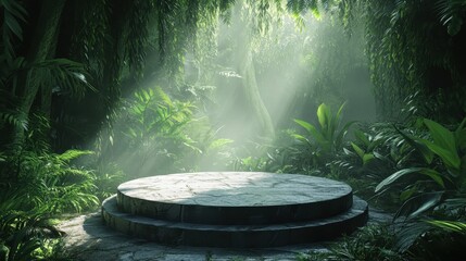 Fototapeta premium Stone platform in lush jungle setting. Ideal for product displays, showcasing nature-themed products or mystical scenes.